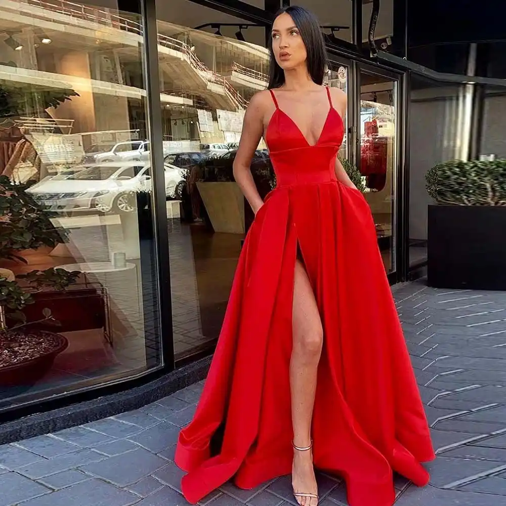 red satin evening dress