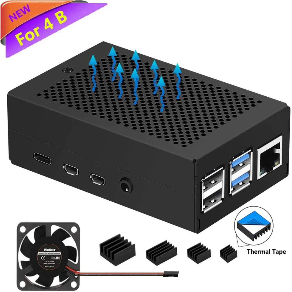 Raspberry Pi 4B Metal Case with hanging Cooling Fan and 4 Heatsinks demo board accessory case for Raspberry Pi 4 Model B/ 4B
Raspberry Pi 4B Metal Case with hanging Cooling Fan and 4 Heatsinks demo board accessory case for Raspberry Pi 4 Model B/ 4B