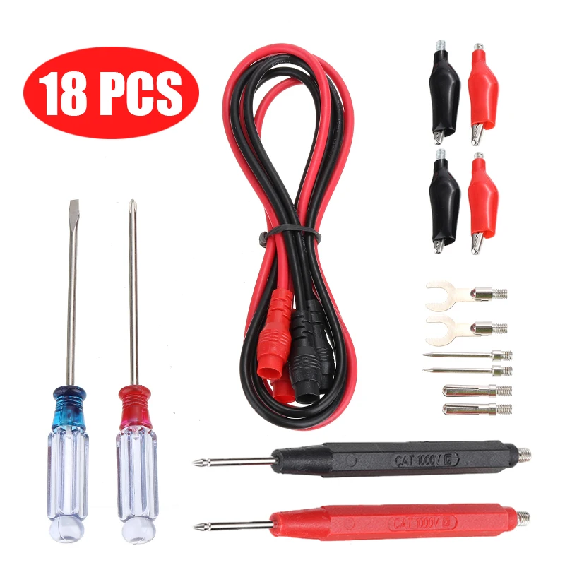 18pcs Digital Multimeter Test Lead Kit Screwdriver Electronic Tool Multi Meter Needle Tip Tester Lead Probe Wire Pen Cable Set
18pcs Digital Multimeter Test Lead Kit Screwdriver Electronic Tool Multi Meter Needle Tip Tester Lead Probe Wire Pen Cable Set