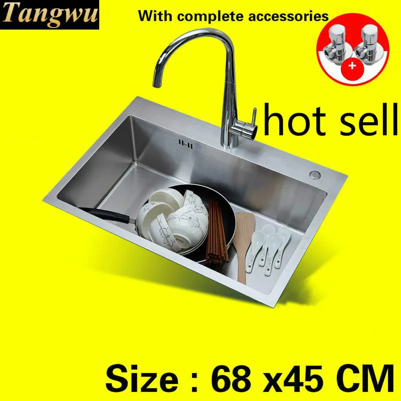 

Free shipping Hot sell durable Kitchen sink manual food grade 304 stainless steel 4 mm thick single slot 68 x45 CM