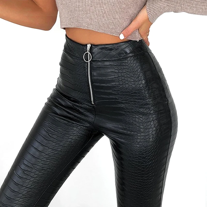 Женские брюки-карандаш из искусственной крокодиловой кожи черные брюки с