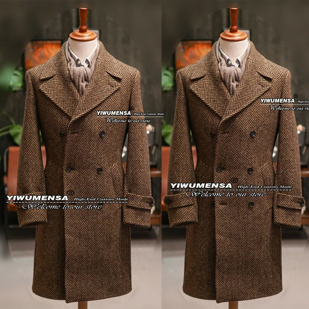 

Spring/Autumn Brown Men Suit Jacket Military Tweed Wool Blend Trench Herringbone Coat Double Breasted Overcoat Blazer Tuxedos