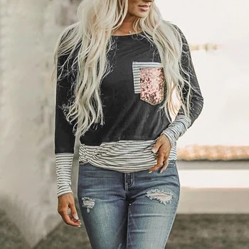 High Street Stripe Solid Patchwork Sequins Pockets Women Clothed 2020 New Autumn Cotton Top Tee Casual O-Neck T Shirts Female 
High Street Stripe Solid Patchwork Sequins Pockets Women Clothed 2020 New Autumn Cotton Top Tee Casual O-Neck T Shirts Female