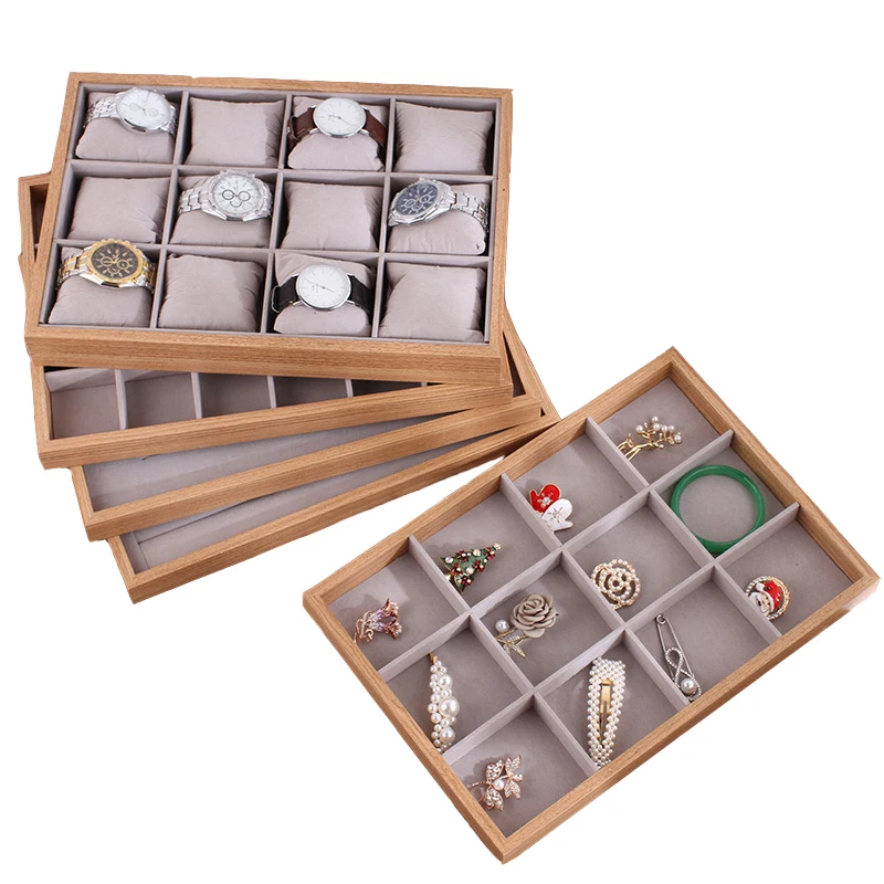 Gray Velvet Wood Watch Rings Jewelry Dispaly Storage Tray Bracelet Bangle Organizer Box 36cm*25cm*3cm | Украшения и аксессуары