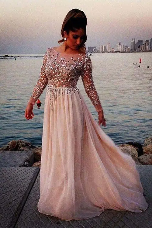 

Formal Evening 2018 Boat Neck Long Sleeve Crystal Beading By Hand See-through Prom Robe de Soiree mother of the bride dresses