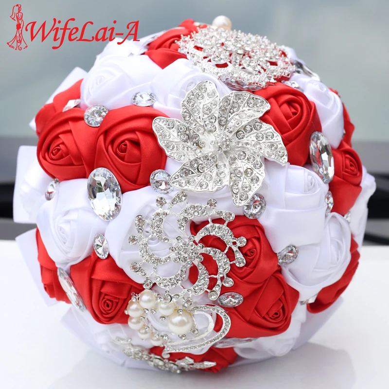 

WifeLai-A Crystal Wedding Bouquet White Red Satin Emulation Rose Bridesmaid Holding Flowers Wedding Flowers Bridal Bouquets W228