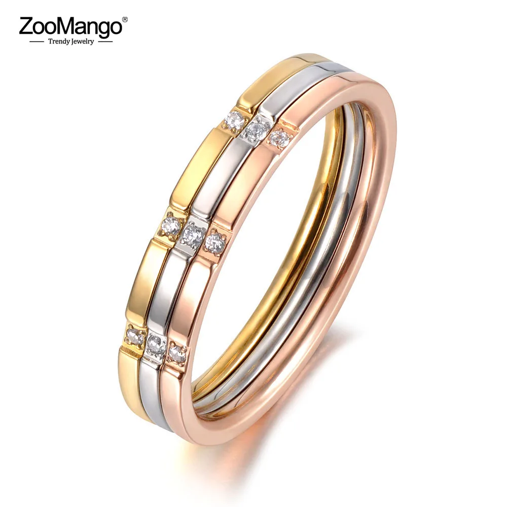 

ZooMango Trendy OL Style 3 In 1 Colorful Gold Mosaic CZ Crystal Rings Jewelry Titanium Steel Wedding Ring For Women Girl ZR19055