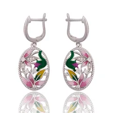 טרנדי וינטג רב צבע לוטוס פרח אמייל כסף להתנדנד עגילים לנשים בוהמיה טמפרמנט תליון תליית עגילים(China)