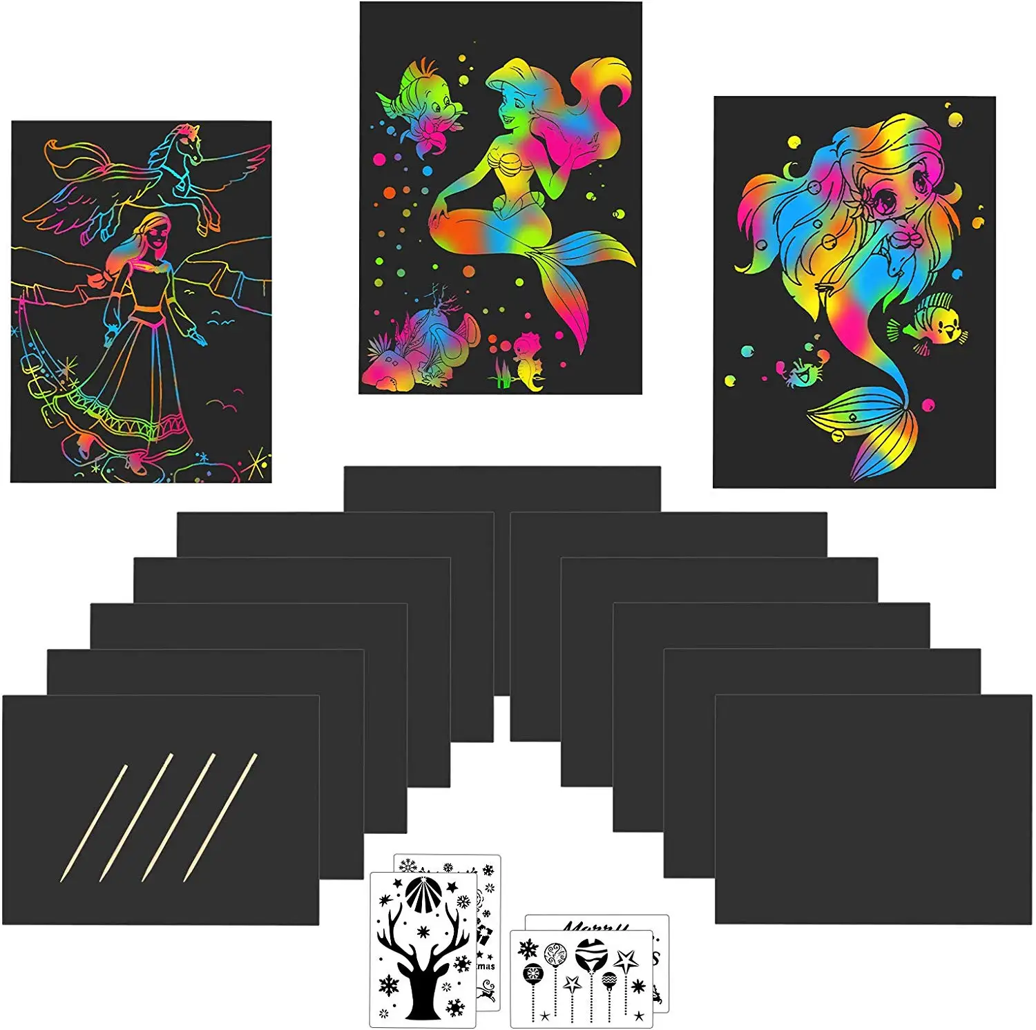 24pcs mermaid Rainbow Scratch Notes Paper Magic Drawing Boards Doodle Pad with 4pcs Drawing Rulers Wooden Stylus for Kids party
24pcs mermaid Rainbow Scratch Notes Paper Magic Drawing Boards Doodle Pad with 4pcs Drawing Rulers Wooden Stylus for Kids party