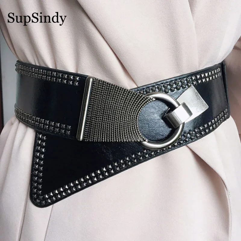 

SupSindy Woman's down Coat wide belt Punk Rivet Round metal buckle Elastic luxury dress Leather Belts for women Waistband Female
