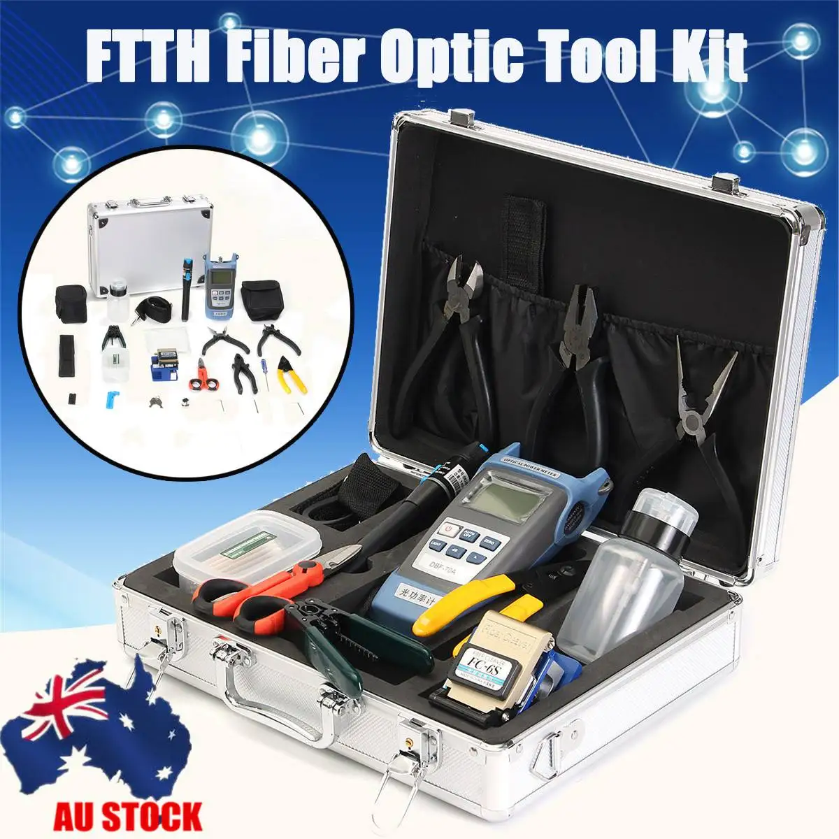 FTTH Fiber Optic Cable Tester Tool Kit with Fiber Cleaver/Power Meter/Stripper/Fault Locator
FTTH Fiber Optic Cable Tester Tool Kit with Fiber Cleaver/Power Meter/Stripper/Fault Locator