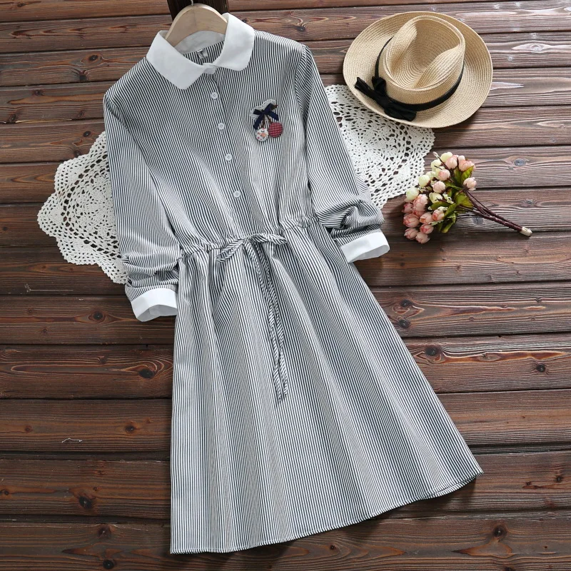 Literature And Art Cherry Brooch Shirt Collar Skirt Students Mid-length Long Sleeve Striped Dress Early Autumn New Style S28095
Literature And Art Cherry Brooch Shirt Collar Skirt Students Mid-length Long Sleeve Striped Dress Early Autumn New Style S28095