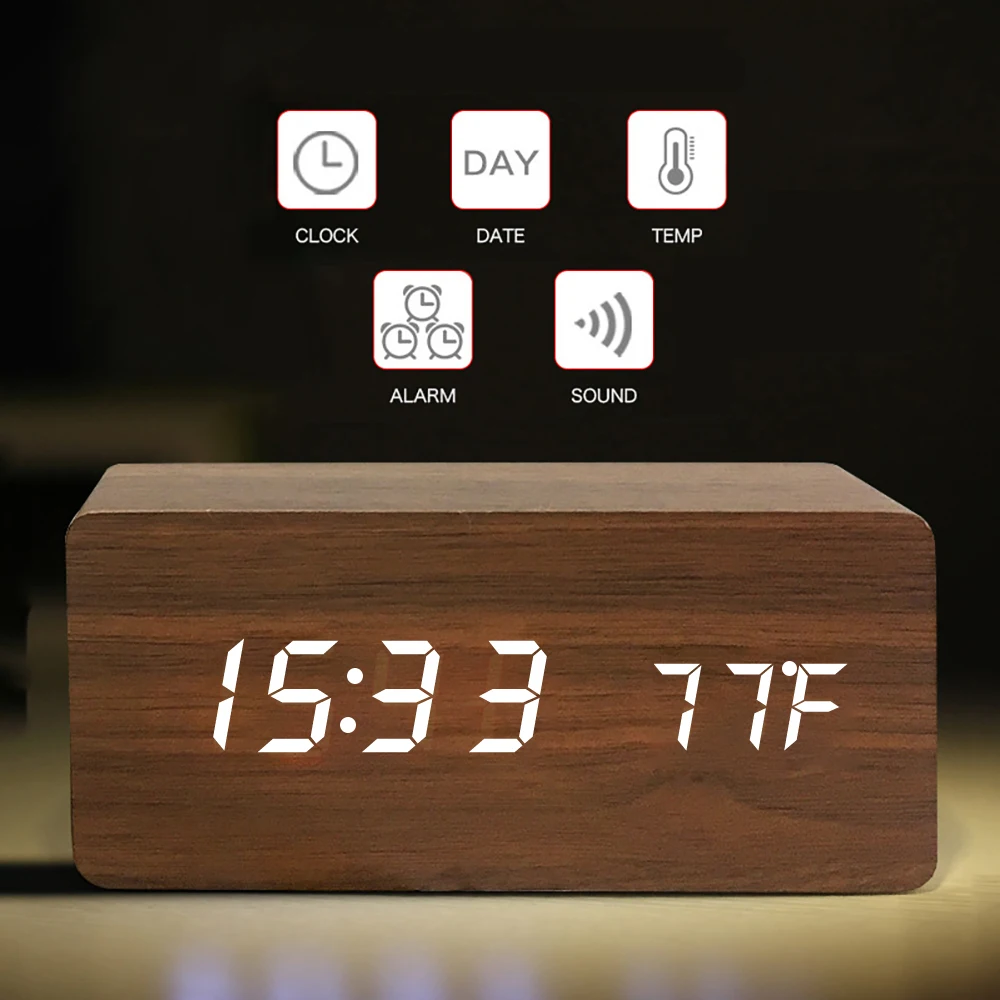 Светодиодный Деревянный цифровой будильник настольные часы электронный