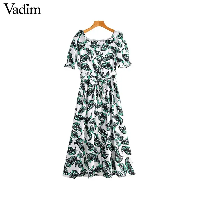 Женское элегантное платье vadim с принтом листьев миди поясом-бабочкой и карманами