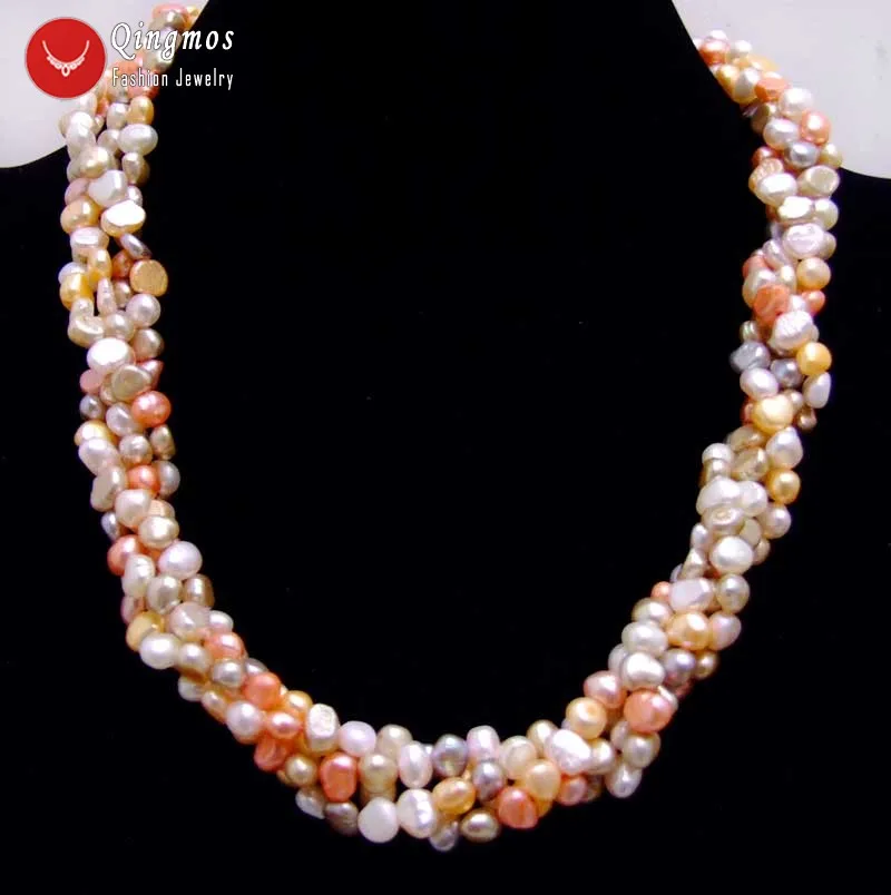 

Qingmos Natural Pink Multicolor Pearl Necklace for Women with 6-7mm Baroque Pearl 40" Long Necklace Combination Chokers 18'' Set