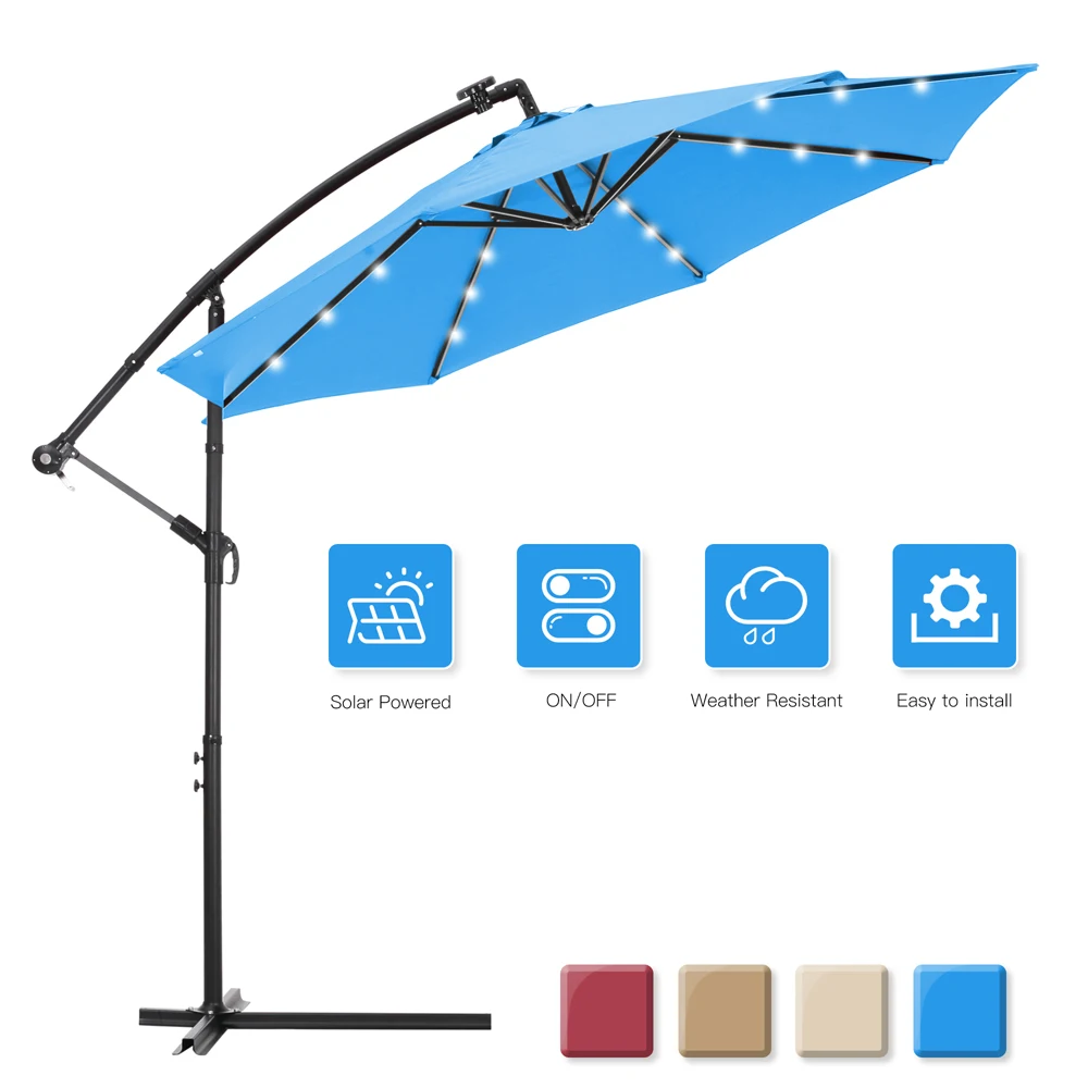 10 FT Solar LED Patio Outdoor Umbrella Hanging Cantilever Umbrella Offset Umbrella Easy Open Adjustment with 24 LED Lights
10 FT Solar LED Patio Outdoor Umbrella Hanging Cantilever Umbrella Offset Umbrella Easy Open Adjustment with 24 LED Lights