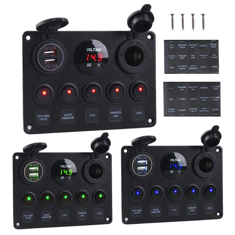 

Rocker Switch Panel With LED Digital Voltmeter Dual USB Port 12V Outlet Combination Waterproof Switches For Car Marine Boat