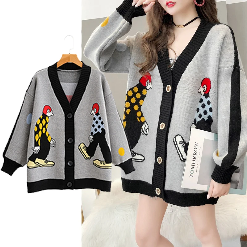 

Korean Version Of 2020 Autumn And East Season New Women's Sweater Cardigan Jacquard V-neck Lazy Cartoon Loose Mid-length Sweater