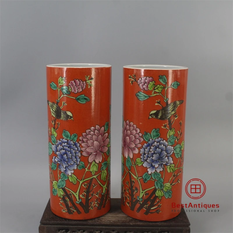 Qing Red Base Pink Flower and Bird Barrel A Pair Antique Vase Decoration Porcelain Collection Traditional Jingdezhen Home Decor 
Qing Red Base Pink Flower and Bird Barrel A Pair Antique Vase Decoration Porcelain Collection Traditional Jingdezhen Home Decor
