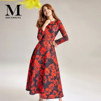 

Micosoni High Quality 2020 Spring Autumn New Long-Sleeve Temperament Waist Red Peony Printed One Piece Dress Plus Size S-XXXL