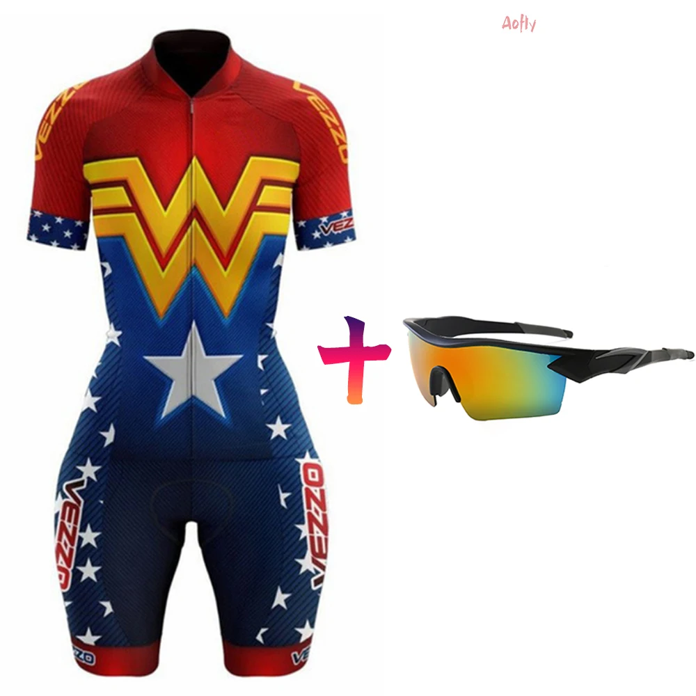 

2021 Vezzo Women's Cycling Skinsuit Short Sleeve Bike Clothing Female Triathlon Running Cycling Swimming Sports Jumpsuit 9D Gel