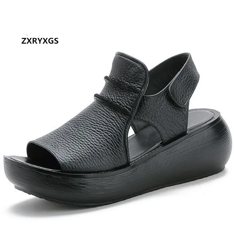 

2023 New Top Soft Cowhide Fish Mouth Beach Rome Summer Sandals Women Summer Thick-soled Wedges Increased Sandals Casual Shoes