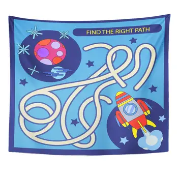 Find The Right Path from Rocket to Planet Children Funny Riddle Entertainment and Amusement with Activity Home Decor Tapestry