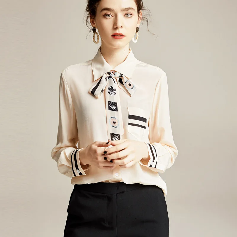 School Uniform Shirts Cute Apricot Pure Silk Blouses Spring Long Sleeve Women Tops Bow Ladies blusas Elegant High Quality Shirt
School Uniform Shirts Cute Apricot Pure Silk Blouses Spring Long Sleeve Women Tops Bow Ladies blusas Elegant High Quality Shirt
