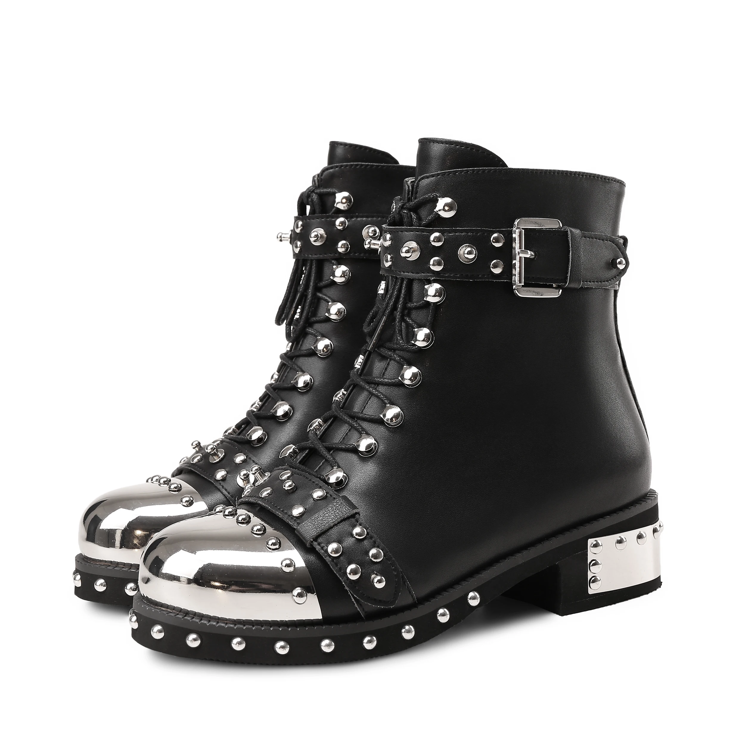 Metal Round Toe Woman Boots Rivets Embellished Short Booties Low Heel Belt Buckle Decor Ankle Boots Zipper Leather Plus Size
Metal Round Toe Woman Boots Rivets Embellished Short Booties Low Heel Belt Buckle Decor Ankle Boots Zipper Leather Plus Size
