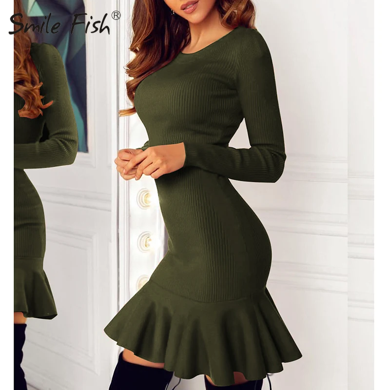 

Elegant Knitted Ruffles Frill Hem Dress Autumn Party Sheath Women Mini Dress Winter Lady Ribbed Stretch 2XL Oversized Robe M0603