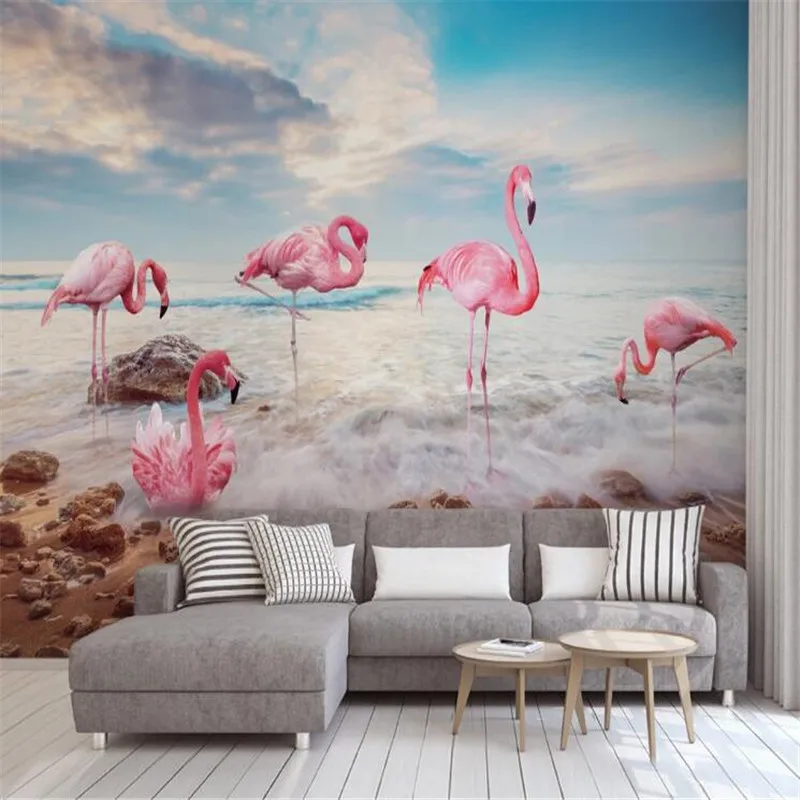 Large 3D wallpaper mural custom Nordic small fresh sunset sea flamingo idyllic mood background wall | Обустройство дома