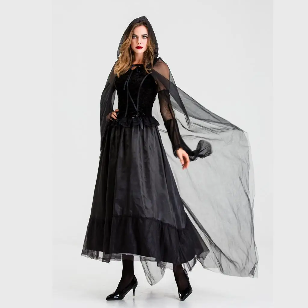 Black Veil Hooded Cloak Maxi Cape Long Dress Womens Costume Grim Reaper Party Halloween Cosplay Black Veil Hooded Cloak Maxi Cape Long Dress Womens Costume Grim Reaper Party Halloween Cosplay