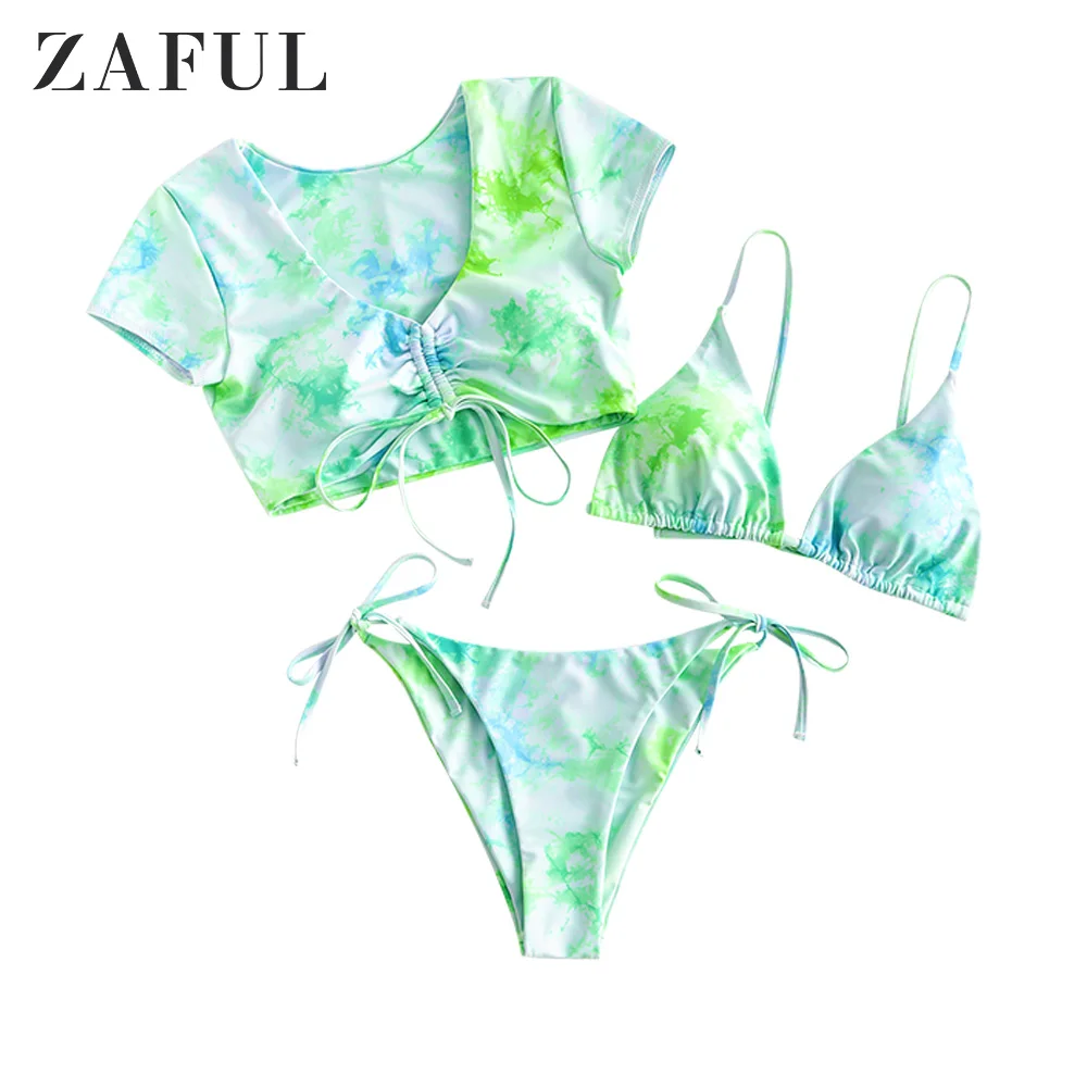 

ZAFUL Tie Dye Cinched Tie Three Piece Swimsuit For Women Removable Padded Tie Side Bikini Sets Low Waisted String Bikini Sexy