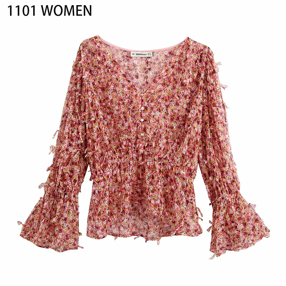 2020 NEW Summer women‘s pink floral print appliques long flare sleeve V-Neck shirt fashion casual female woman clothes |