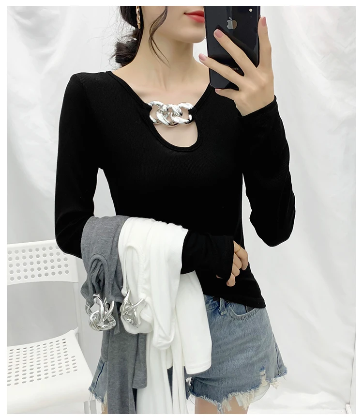 Spring Autumn New Women Slim T-Shirt 2020 Ladies Long Sleeve Short T-shirt Women Fashion Metal Button Decorative Base T-shirt