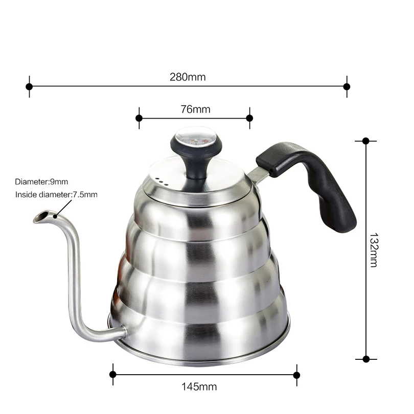 1L/1.2L 304 Stainless Steel Drip Coffee Pot with thermometer Home Use Tea Pot Barista Coffee Tool Teapot Kettle Coffee Maker
1L/1.2L 304 Stainless Steel Drip Coffee Pot with thermometer Home Use Tea Pot Barista Coffee Tool Teapot Kettle Coffee Maker