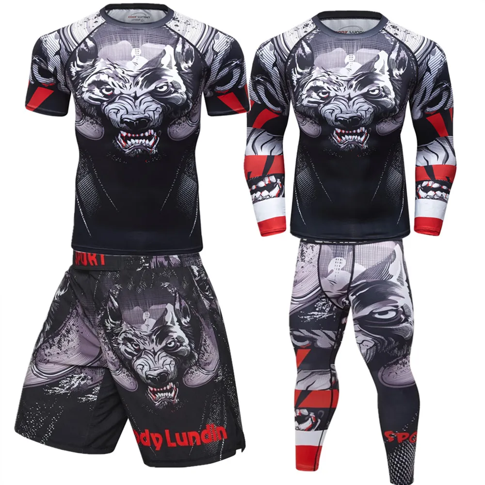 

Men Compression Sport Suit Quick Dry Fitness Clothing Set MMA BJJ Boxing Muay Thai Shorts Rashguard Training Running Sportswear