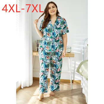New ladies summer plus size pajamas for women short sleeve blue floral print shirt and long pants home wear suit 4XL 5XL 6XL 7XL
New ladies summer plus size pajamas for women short sleeve blue floral print shirt and long pants home wear suit 4XL 5XL 6XL 7XL