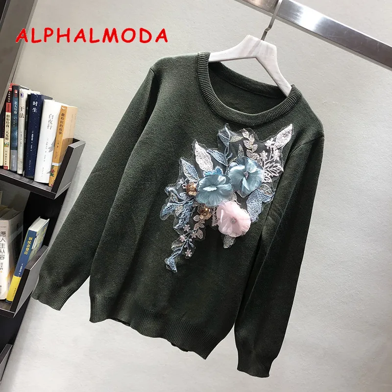 Женский вязаный свитер ALPHALMODA Свободный пуловер с 3D цветочной аппликацией на