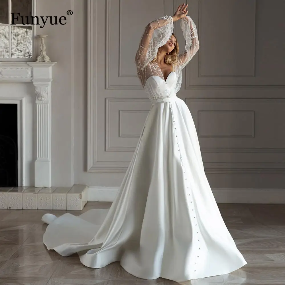 

Fashion Long Sleeves Wedding Dress 2021 New Arrival Charming Sweetheart A-Line Sweep Train Satin Bridal Gown Vestidos De Novia