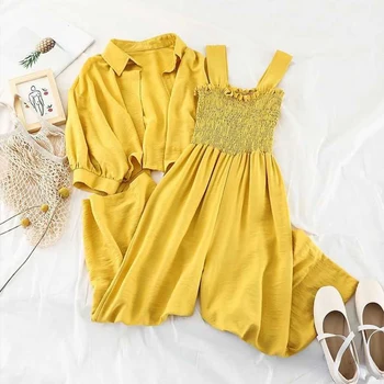 FTLZZ Summer Two Pieces Set Women Casual Clothing Loose Short Sunscreen Jacket + Suspending Rompers Female Holidays Suit 
FTLZZ Summer Two Pieces Set Women Casual Clothing Loose Short Sunscreen Jacket + Suspending Rompers Female Holidays Suit