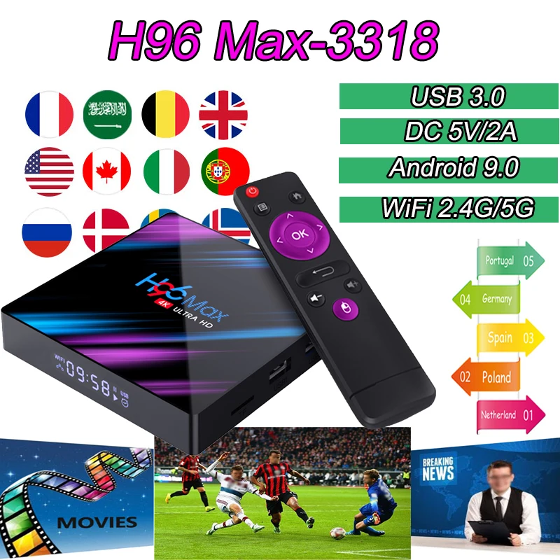 H96 max 3318 smart tv Box Android 4GB 64GB 4K Bluetooth 2.4G/5G Wifi Google Play android smart tv box support iptv subscription
H96 max 3318 smart tv Box Android 4GB 64GB 4K Bluetooth 2.4G/5G Wifi Google Play android smart tv box support iptv subscription