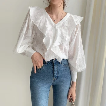 Spring Autumn Korean Retro Three-dimensional Hook Frill Shirt Women's V-neck Single-breasted Micro-through Lantern Sleeve Shirt
Spring Autumn Korean Retro Three-dimensional Hook Frill Shirt Women's V-neck Single-breasted Micro-through Lantern Sleeve Shirt