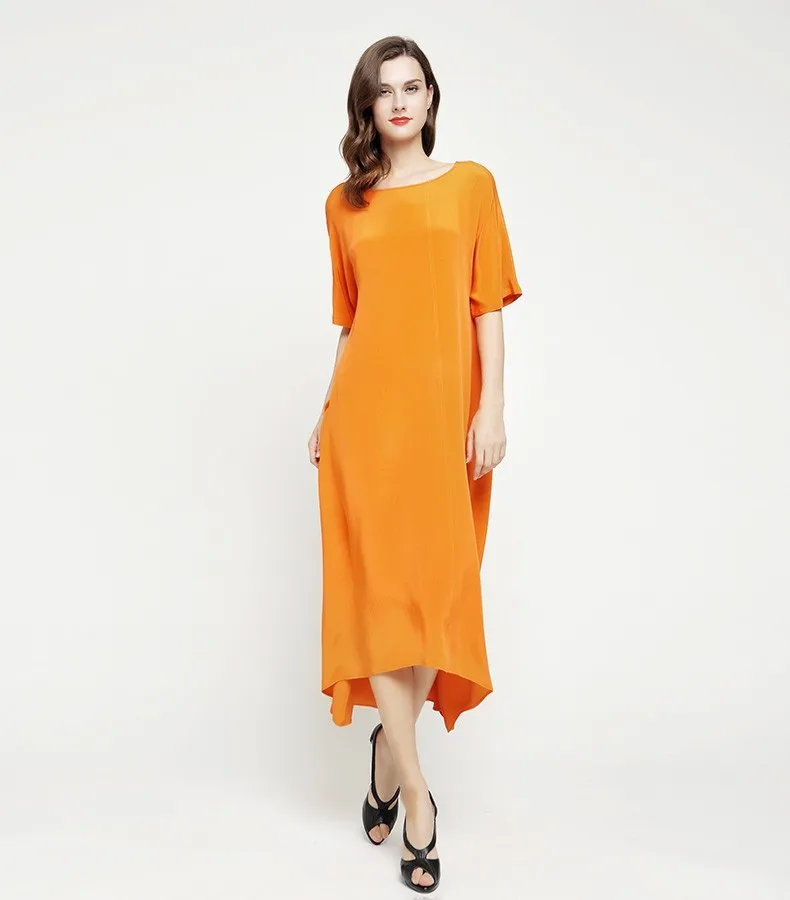 Voa 2020 Summer Orange Loose Brief Casual Heavy Silk Long Plus Size O-neck Short Sleeve Leisure Women Maxi Dress A7065 Voa 2020 Summer Orange Loose Brief Casual Heavy Silk Long Plus Size O-neck Short Sleeve Leisure Women Maxi Dress A7065