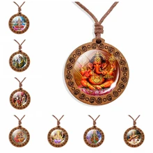 Collier en bois Ganesha amulette hindoue Ganesha, Shiva, Vishnu Photo impression verre Cabochon bijoux en bois colliers en bois pour les femmes(China)