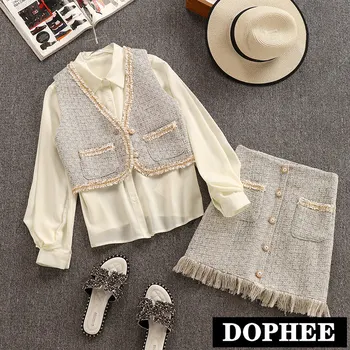 New Autumn Small Fragrance Lady's Long Sleeve Chiffon Shirt + Tweed Vest Coat + Wool Skirt Three-piece Suit for Women Clothes
New Autumn Small Fragrance Lady's Long Sleeve Chiffon Shirt + Tweed Vest Coat + Wool Skirt Three-piece Suit for Women Clothes