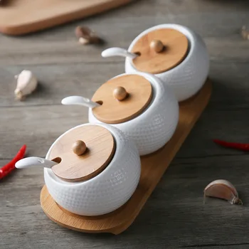 Ceramic seasoning pot kitchen supplies box household combination kitchen supplies bottle oil salt pot, 3 sets with bamboo base
Ceramic seasoning pot kitchen supplies box household combination kitchen supplies bottle oil salt pot, 3 sets with bamboo base