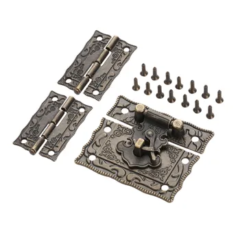 

Antique Bronze Padlock Lock Jewelry Wood Box Latch Hasp Clasp +2pcs Suitcase Cabinet Hinge Vintage Furniture Decorative Hardware