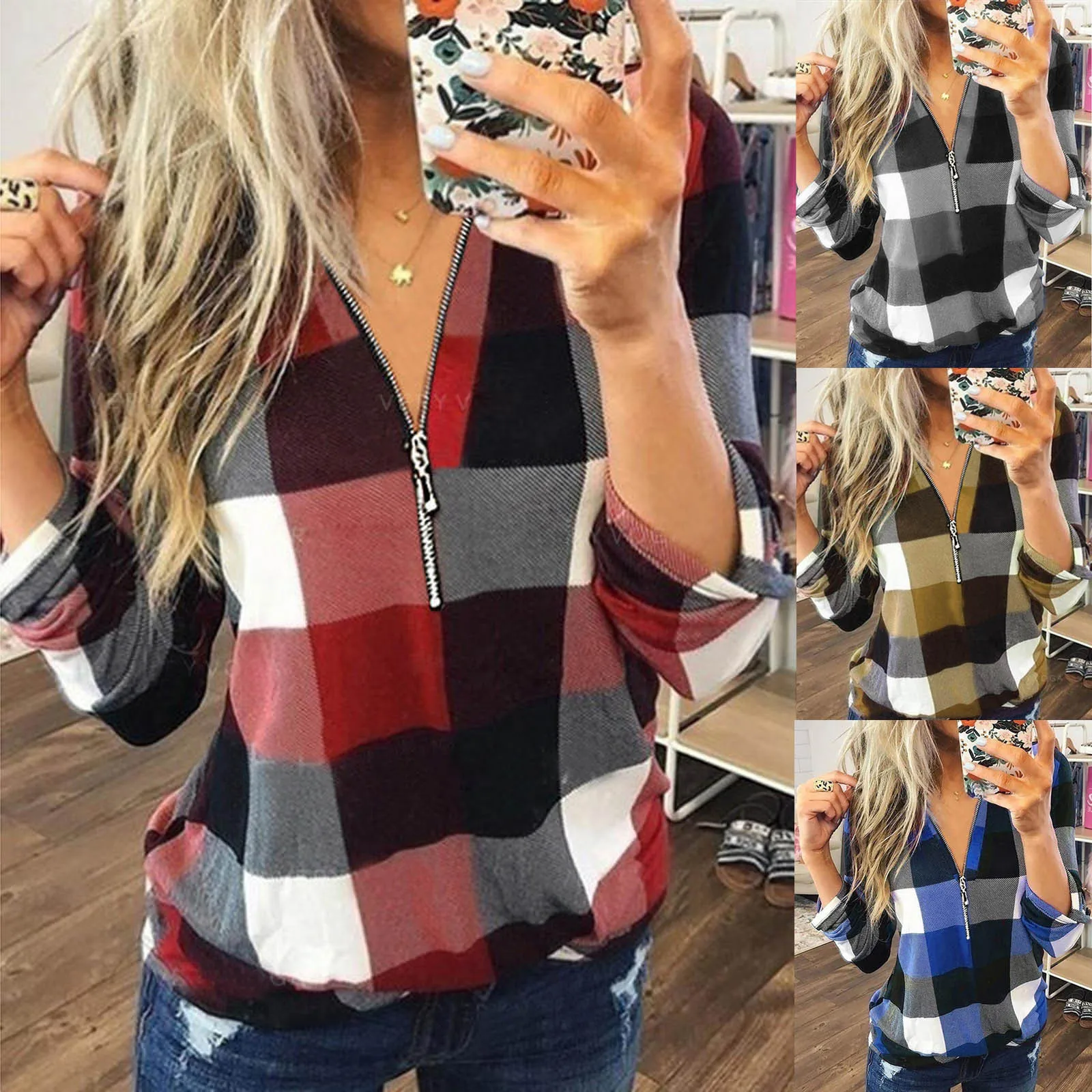 S-XXXL Autumn Winter Fashion Womens Casual V-Neck Zipper Plaid Printed Long Sleeve Shirt T-shirt Tops ×ישה חולצות All-match F4
S-XXXL Autumn Winter Fashion Womens Casual V-Neck Zipper Plaid Printed Long Sleeve Shirt T-shirt Tops ×ישה חולצות All-match F4
