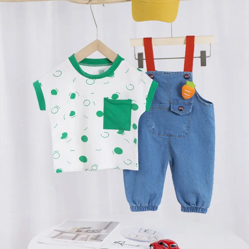 New Summer Baby Girls Boys Clothing Toddler Fashion Infant Children Clothes set Suits printe T Shirt denim bib pants 2Pcs/Sets
New Summer Baby Girls Boys Clothing Toddler Fashion Infant Children Clothes set Suits printe T Shirt denim bib pants 2Pcs/Sets